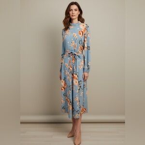 NEW‎ Shein Blue Floral Long Sleeve Maxi Dress Ruffle Neck Tie Waist Medium